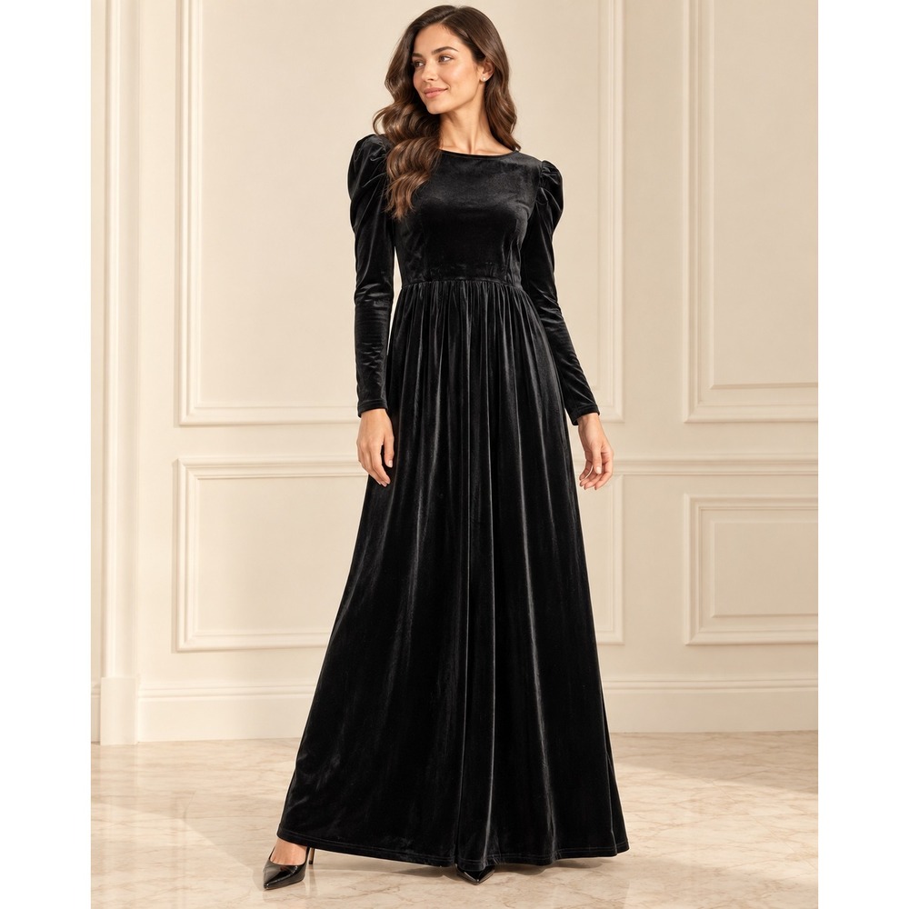 ZESICA Black Velvet Puff Sleeve Maxi Dress Long Sleeve Empire Waist Evening Gown